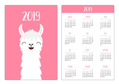 Lama alpaka kafa, yüz diş gülümsüyor. Basit cep Takvim düzeni 2019 yeni yıl. Haftası Pazar günü başlar. Sevimli çizgi film karakteri. Dikey yönlendirme. Düz tasarım. Pembe bir arka plan. Vektör