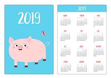 Sevimli domuz piggy ve kelebek. Cep Takvim düzeni 2019 yeni yıl. Haftası Pazar günü başlar. Çizgi film karakteri. Dikey yönlendirme. Düz tasarım. Mavi arka plan. Vektör çizim