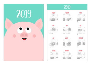 Sevimli domuz domuz surat yukarıya bakıyor. Basit cep Takvim düzeni 2019 yeni yıl. Haftası Pazar günü başlar. Çizgi film karakteri. Dikey yönlendirme. Düz tasarım. Yeşil arka plan. Vektör çizim
