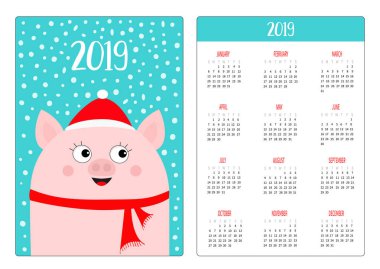 Cep Takvim düzeni 2019 yeni yıl. Kırmızı kış şapka ve atkı domuz kafası. Haftası Pazar günü başlar. Sevimli çizgi film karakteri. Dikey yönlendirme. Düz tasarım. Mavi kar arka plan. Vektör