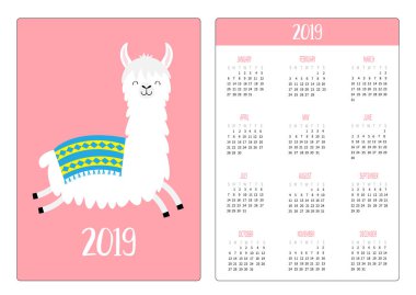 Çalışan şirin alpaka Lama. Basit cep Takvim düzeni 2019 yeni yıl. Haftası Pazar günü başlar. Dikey yönlendirme. Çizgi film kawaii komik bebek karakteri. Düz tasarım menekşe arka plan vektör çizim