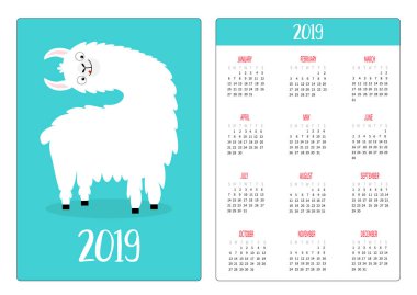Alpaka Lama dönüm başı. Basit cep Takvim düzeni 2019 yeni yıl. Haftası Pazar günü başlar. Dikey yönlendirme. Sevimli çizgi kawaii komik bebek karakter. Düz tasarım. Mavi arka plan. Vektör