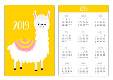 Şirin Lama alpaka. Basit cep Takvim düzeni 2019 yeni yıl. Haftası Pazar günü başlar. Dikey yönlendirme. Çizgi film kawaii komik bebek karakteri. Düz tasarım. Sarı arka plan. Vektör çizim