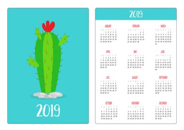 Kırmızı çiçekli kaktüs. Yeşil bitki. Basit cep Takvim düzeni 2019 yeni yıl. Haftası Pazar günü başlar. Dikey yönlendirme. Düz tasarım. Mavi arka plan. Vektör çizim