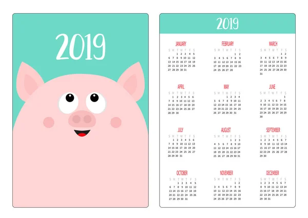 Cara Porco Porquinho Bonito Olhando Para Cima Layout Calendário Bolso —  Vetores de Stock