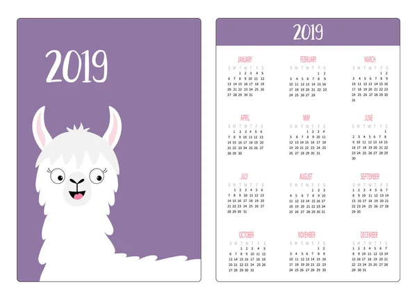 Alpaca Llama Animal Layout Calendário Bolso Simples 2019 Ano Novo —  Vetores de Stock