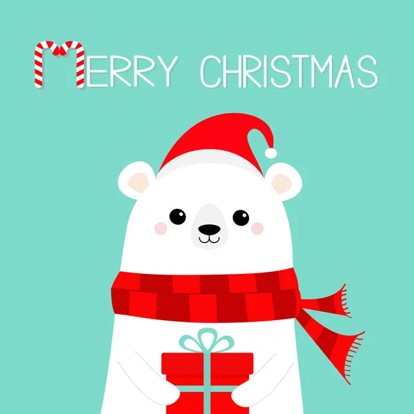 メリークリスマス シロクマ白カブ顔ギフト ボックスの存在を保持しています 赤サンタの帽子 スカーフ 赤ちゃんのかわいい漫画のキャラクター 明けましておめでとう 北極の動物 こんにちは冬のフラットなデザイン 青色の背景色 — ストックベクタ