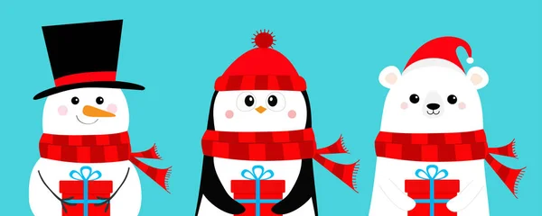 ホワイト シロクマ ペンギン 雪だるまギフト ボックスを保持します スカーフ かわいい漫画赤ちゃん文字セット 明けましておめでとう メリークリスマス 北極の動物 — ストックベクタ