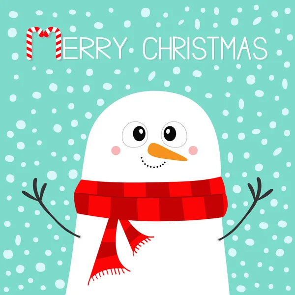 Merry Christmas Candy Cane Snowman Wearing Red Scarf Face Carrot — Stock Vector