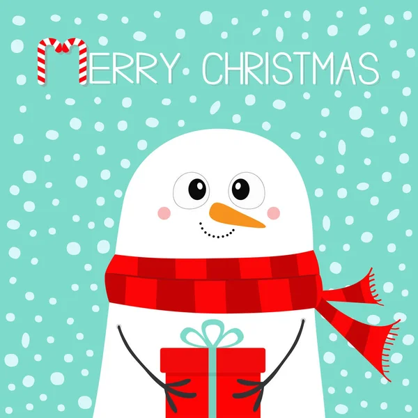 Merry Christmas Snowman Holding Gift Box Present Carrot Nose Red — Stock Vector