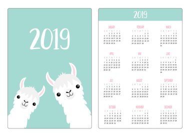 İki Lama alpaka yüz boyun framily ayarla. Basit cep Takvim düzeni 2019 yeni yıl. Haftası Pazar günü başlar. Sevimli çizgi film karakteri. Dikey yönlendirme. Düz tasarım. Mavi arka plan. Vektör çizim