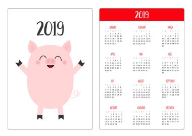 Sevimli domuz domuzcuk. Cep Takvim düzeni 2019 yeni yıl. Haftası Pazar günü başlar. Çizgi film karakteri. Dikey yönlendirme. Düz tasarım. Beyaz arka plan. İzole. Vektör çizim