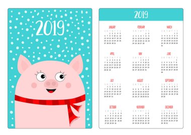 Cep Takvim düzeni 2019 yeni yıl. Kırmızı kış eşarp domuz kafasından. Haftası Pazar günü başlar. Sevimli çizgi film karakteri. Dikey yönlendirme. Düz tasarım. Mavi kar arka plan. Vektör çizim