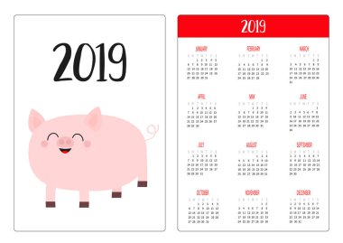 Sevimli domuz domuzcuk. Basit cep Takvim düzeni 2019 yeni yıl. Haftası Pazar günü başlar. Gülümseyen karakter karikatür. Dikey yönlendirme. Düz tasarım. Beyaz arka plan. İzole. Vektör çizim