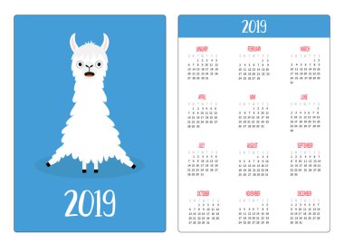 Şirin alpaka Lama oturuyor. Basit cep Takvim düzeni 2019 yeni yıl. Haftası Pazar günü başlar. Dikey yönlendirme. Çizgi film kawaii komik bebek karakteri. Düz tasarım. Mavi arka plan. Vektör çizim
