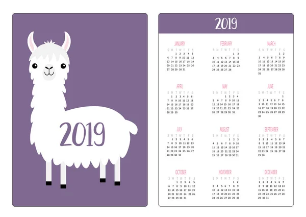 Лама Альпака Просте Планування Кишенькового Календаря 2019 Рік Тиждень Починається — стоковий вектор