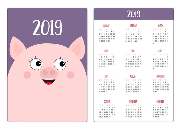 Niedlichen Schweinchen Gesicht Kopf Einfaches Taschenkalender Layout 2019 Neujahr Die — Stockvektor