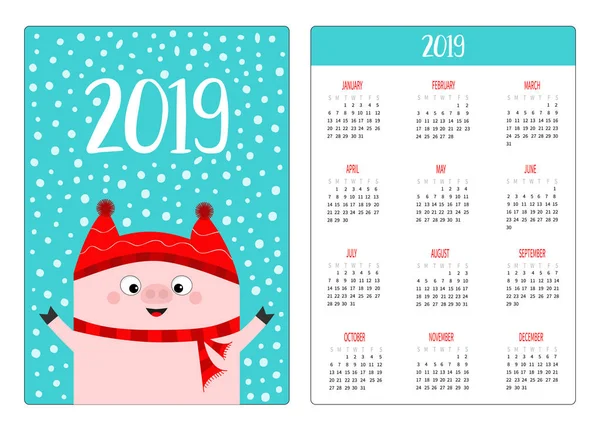 Просте Планування Кишенькового Календаря 2019 Рік Свиня Носить Червоний Зимовий — стоковий вектор