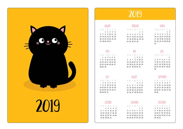 Calendario Bolsillo 2019 Año Semana Comienza Domingo Gato Negro Sentado — Archivo Imágenes Vectoriales