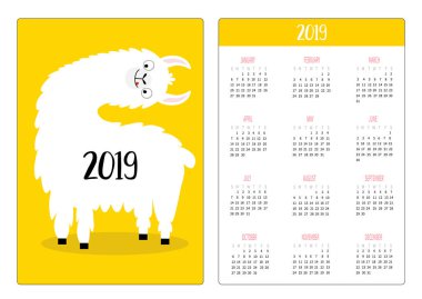 Alpaka Lama dönüm başı. Basit cep Takvim düzeni 2019 yeni yıl. Haftası Pazar günü başlar. Dikey yönlendirme. Sevimli çizgi kawaii komik bebek karakter. Düz tasarım. Sarı arka plan. Vektör