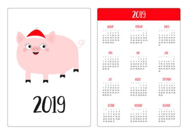 Sevimli domuz domuzcuk. Noel Baba kırmızı şapka. Basit cep Takvim düzeni 2019 yeni yıl. Haftası Pazar günü başlar. Gülümseyen karakter karikatür. Dikey yönlendirme. Düz tasarım. Beyaz arka plan. Vektör çizim