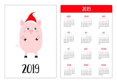Basit cep Takvim düzeni 2019 yeni yıl. Haftası Pazar günü başlar. Noel Baba kırmızı şapkalı şirin domuz domuzcuk. Gülümseyen karakter karikatür. Dikey yönlendirme. Düz tasarım. Beyaz arka plan. Vektör çizim