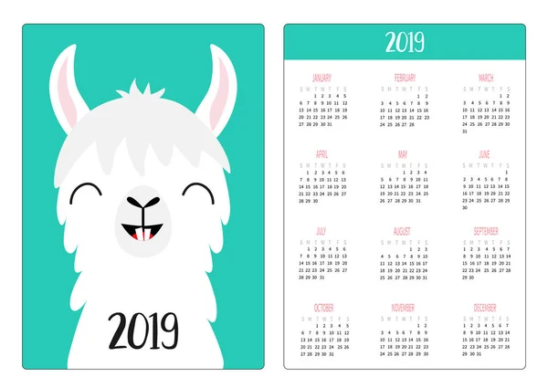 Альпака Лама Посміхайся Зубом Просте Планування Кишенькового Календаря 2019 Рік — стоковий вектор