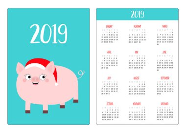 Basit cep Takvim düzeni 2019 yeni yıl. Kırmızı Santa Claus şapka içinde domuz. Haftası Pazar günü başlar. Sevimli çizgi film karakteri. Dikey yönlendirme. Düz tasarım. Mavi arka plan. Vektör
