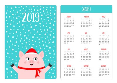 Basit cep Takvim düzeni 2019 yeni yıl. Kırmızı kış şapka domuz ve eşarp. Eller yukarı. Haftası Pazar günü başlar. Sevimli çizgi film karakteri. Dikey yönlendirme. Düz tasarım. Mavi kar arka plan. Vektör