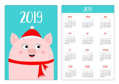 Basit cep Takvim düzeni 2019 yeni yıl. Kırmızı kış şapka ve atkı domuz kafası. Haftası Pazar günü başlar. Sevimli çizgi film karakteri. Dikey yönlendirme. Düz tasarım. Mavi arka plan. Vektör