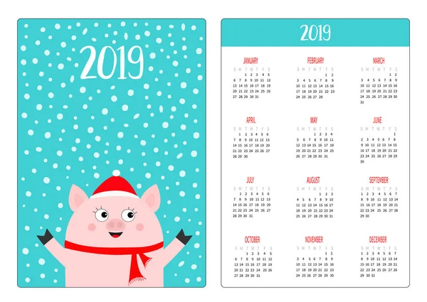 Diseño Simple Calendario Bolsillo 2019 Nuevo Año Cerdo Gorro Rojo — Archivo Imágenes Vectoriales