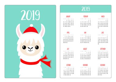 Alpaka Lama yüz. Kırmızı şapka, eşarp. Cep Takvim düzeni 2019 yeni yıl. Dikey yönlendirme. Haftası Pazar günü başlar. Sevimli çizgi film komik kawaii bebek karakteri. Düz tasarım. Mavi arka plan. Vektör