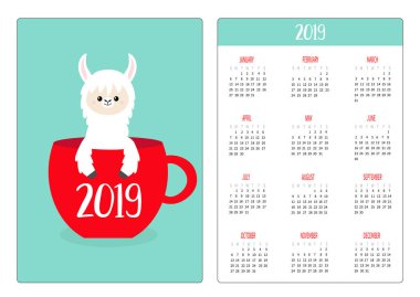 Şirin Lama alpaka yüz başı. Kırmızı çay kahve. Cep Takvim düzeni 2019 yeni yıl. Dikey yönlendirme. Haftası Pazar günü başlar. Çizgi film kawaii komik bebek karakteri. Düz mavi renkli vektör tasarımı