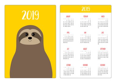 Şirin tembel hayvan baş yüz. Basit cep Takvim düzeni 2019 yeni yıl. Haftası Pazar günü başlar. Çizgi film karakteri. Dikey yönlendirme. Düz tasarım. Sarı arka plan. Vektör çizim