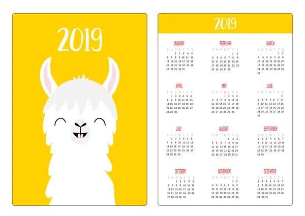 Мила Альпака Лама Зуби Голови Обличчя Просте Планування Кишенькового Календаря — стоковий вектор