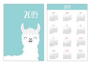 Alpaka Lama gülümseyen diş. Basit cep Takvim düzeni 2019 yeni yıl. Haftası Pazar günü başlar. Dikey yönlendirme. Sevimli çizgi kawaii komik bebek karakter. Düz tasarım. Mavi arka plan. Vektör