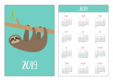 Şirin tembel hayvan. Basit cep Takvim düzeni 2019 yeni yıl. Haftası Pazar günü başlar. Dikey yönlendirme. Çizgi film kawaii komik bebek karakteri. Düz tasarım. Mavi arka plan. Vektör çizim