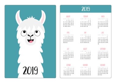 Alpaka lama arıyorum. Basit cep Takvim düzeni 2019 yeni yıl. Haftası Pazar günü başlar. Dikey yönlendirme. Sevimli çizgi kawaii komik bebek karakter. Düz tasarım. Mavi arka plan. Vektör
