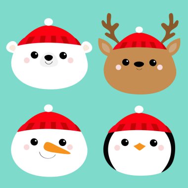Mutlu Noeller. Yeni yıl. Beyaz kutup ayısı kardan adam geyik penguen kuş Raindeer yüz baş Icon set yuvarlak. Sevimli çizgi film komik kawaii bebek karakteri. Tebrik kartı. Düz mavi arka plan tasarım. Vektör