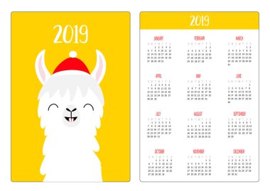 Alpaka Lama yüz başı. Kırmızı şapka, eşarp. Cep Takvim düzeni 2019 yeni yıl. Dikey yönlendirme. Haftası Pazar günü başlar. Sevimli çizgi film komik kawaii bebek karakteri. Düz tasarım. Sarı arka plan. Vektör