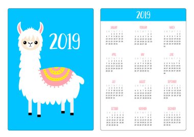 Şirin alpaka Lama. Basit cep Takvim düzeni 2019 yeni yıl. Dikey yönlendirme. Haftası Pazar günü başlar. Çizgi film komik kawaii bebek karakteri. Düz tasarım. Mavi arka plan. Vektör çizim