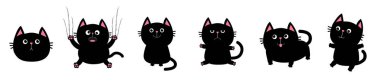 Siyah şişman kedi küme. Çivi pençe çizik, oturmuş, gülümseyen. Sevimli çizgi kawaii komik karakter. Soyulma iz çizgi. Bebek evde beslenen hayvan koleksiyonu. Beyaz arka plan. İzole. Düz tasarım vektör çizim