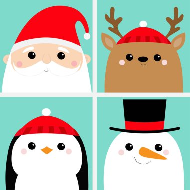 Noel Baba Raindeer geyik kardan adam penguen kuş yüz baş simge seti. Mutlu Noeller. Yeni yıl. Sevimli çizgi film komik kawaii bebek karakteri. Tebrik kartı. Düz mavi arka plan tasarım. Vektör çizim