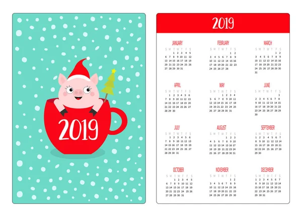 Diseño Simple Calendario Bolsillo 2019 Nuevo Año Cerdito Taza Café — Archivo Imágenes Vectoriales