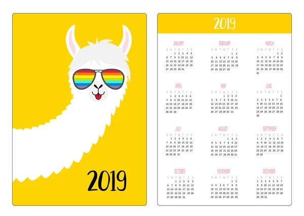 Alpaca Llama Arco Iris Glassess Diseño Simple Calendario Bolsillo 2019 — Archivo Imágenes Vectoriales