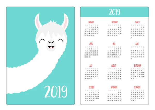Симпатична Альпака Лама Усміхнене Обличчя Просте Планування Кишенькового Календаря 2019 — стоковий вектор