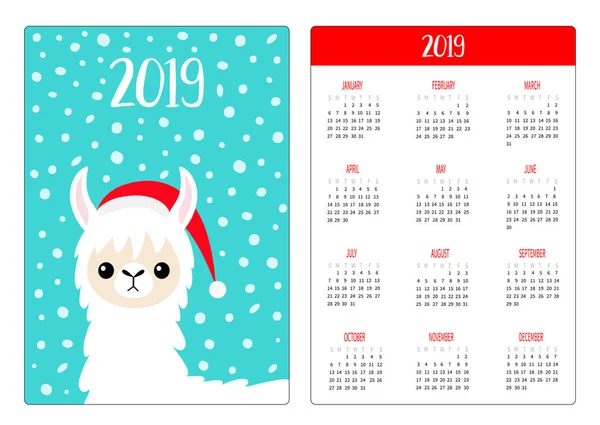 Alpaca Lamy Twarz Red Santa Hat Kieszonkowy Kalendarz Układ 2019 — Wektor stockowy