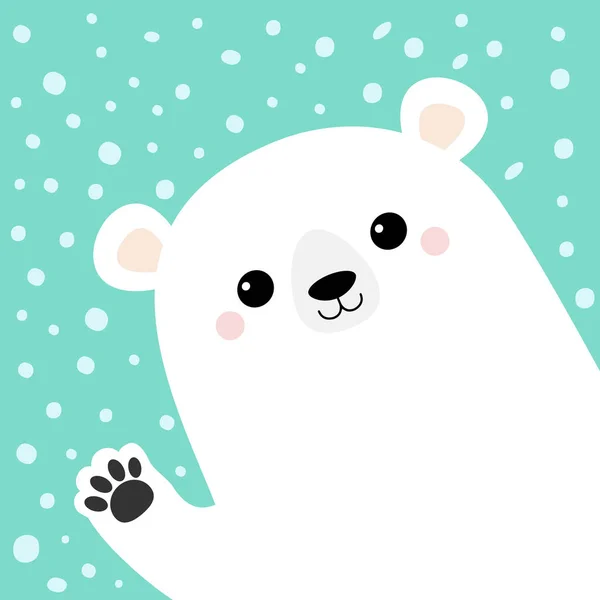 White polar bear waving hand paw print. Cute cartoon funny kawaii baby character. Merry Christmas Greeting Card. Flat design. Blue snow background. Greeting card. Vector illustration