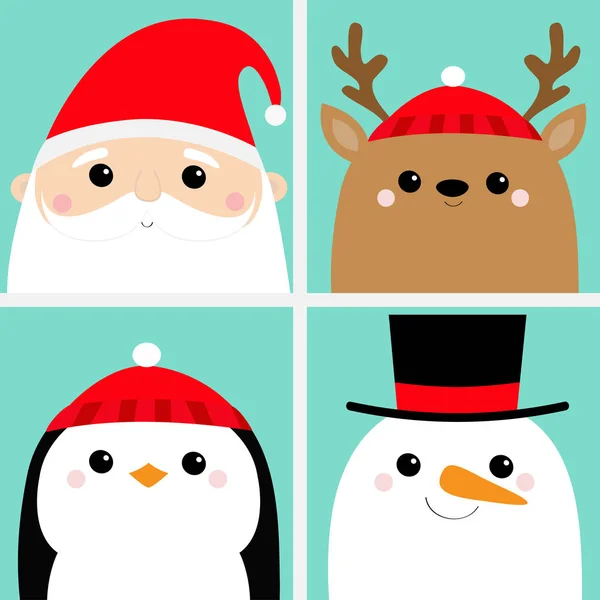 Babbo Natale Raindeer Deer Snowman Penguin Uccello Volto Icona Set — Vettoriale Stock