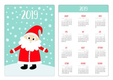 Rüzgârla oluşan kar yığını üzerinde Noel Baba. Kırmızı şapka. Cep Takvim düzeni 2019 yeni yıl. Dikey yönlendirme. Haftası Pazar günü başlar. Sevimli çizgi kawaii komik bebek karakter. Düz tasarım. Mavi kar arka plan. Vektör